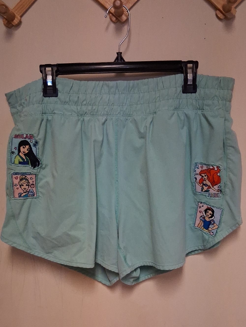 Womens Light Aqua Appliqued Patchwork Athletic Shorts